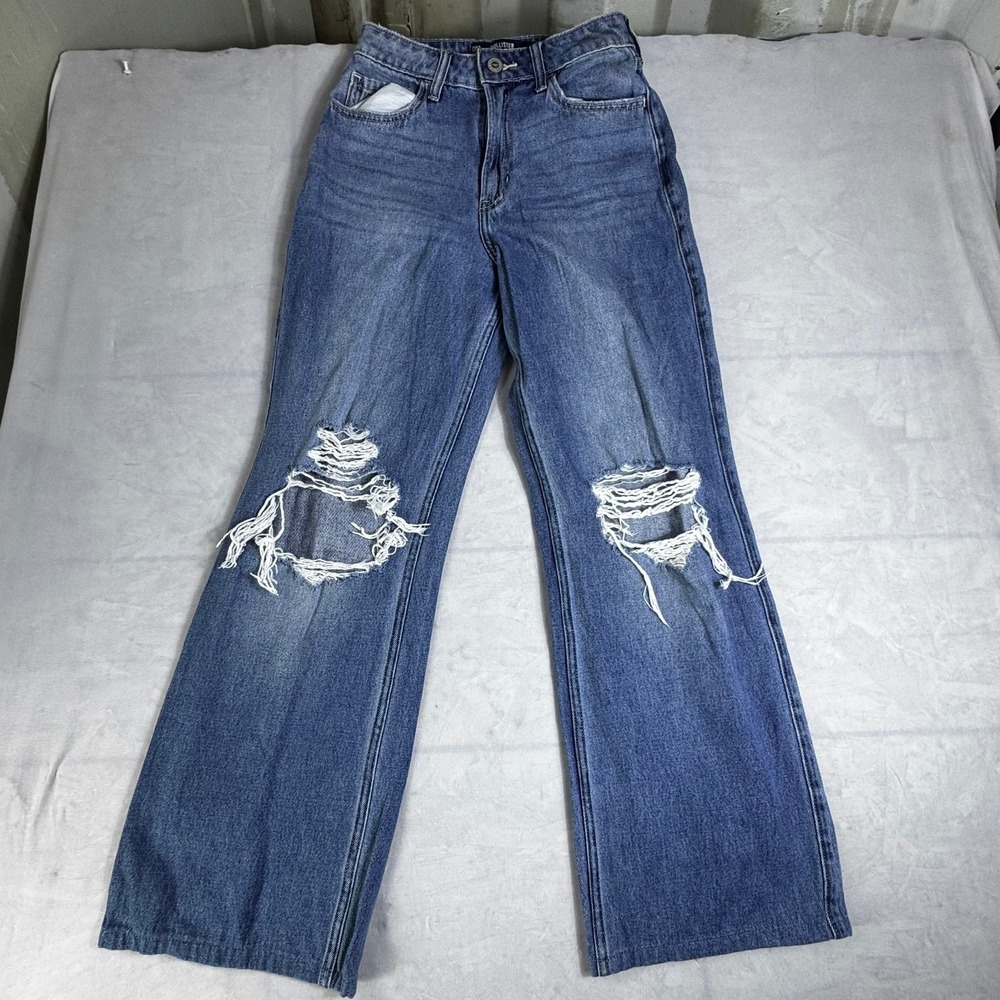 Hollister Womens Ultra High Rise Baggy Distressed Jeans Blue Denim 00R W24